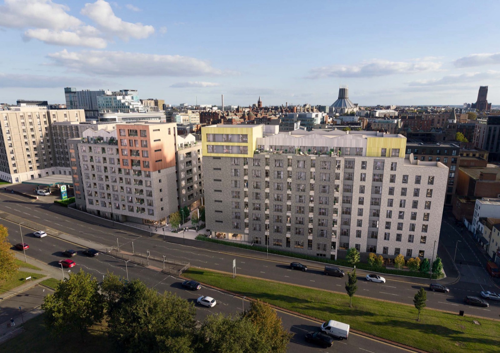 Aerial CGI of Abbey Row with the Metropolitan Cathedral on the Liverpool skyline