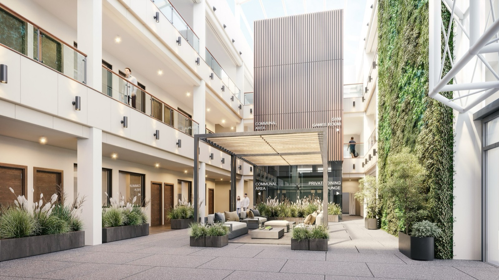 CGI of the open-air atrium with retractable roof at Aire Gardens, Leeds
